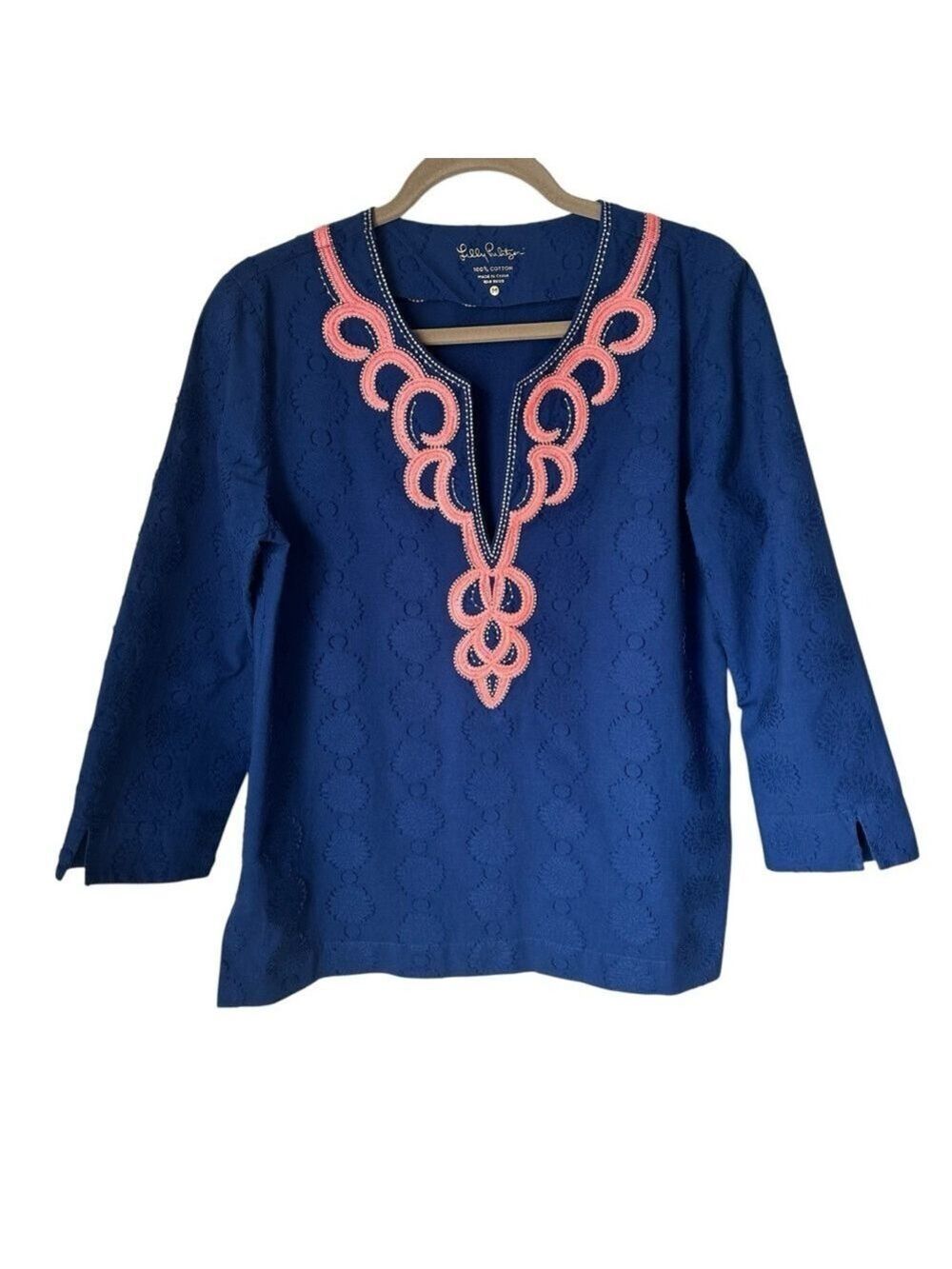 Lilly Pulitzer Amelia Island V Neck Tunic Top Navy Blue Beaded Coral Pink Med - Picture 4 of 10